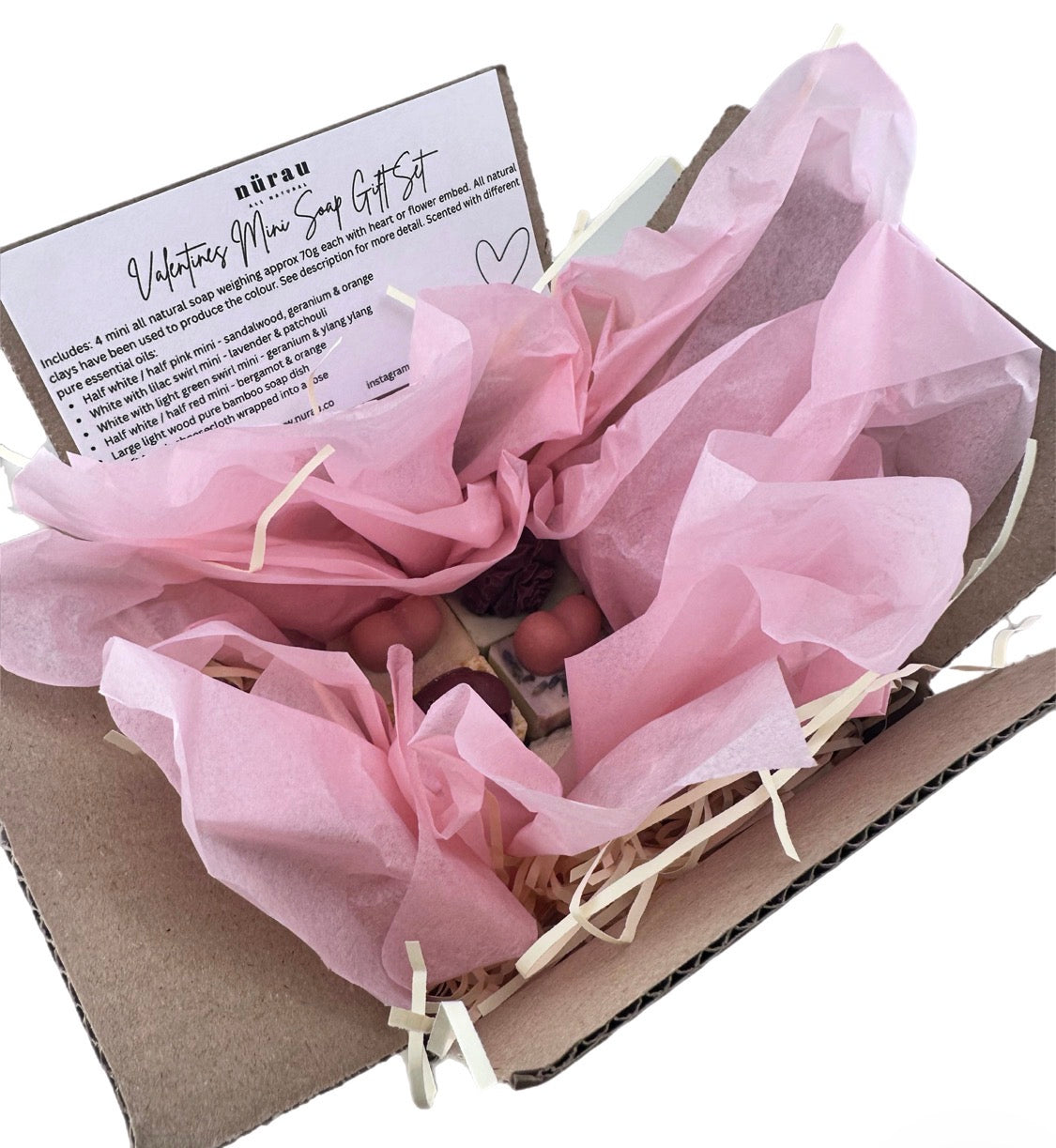 Valentines Mini Soap Gift Set includes 4 All Natural Soap, Bamboo Soap Dish & Cheesecloth washcloth