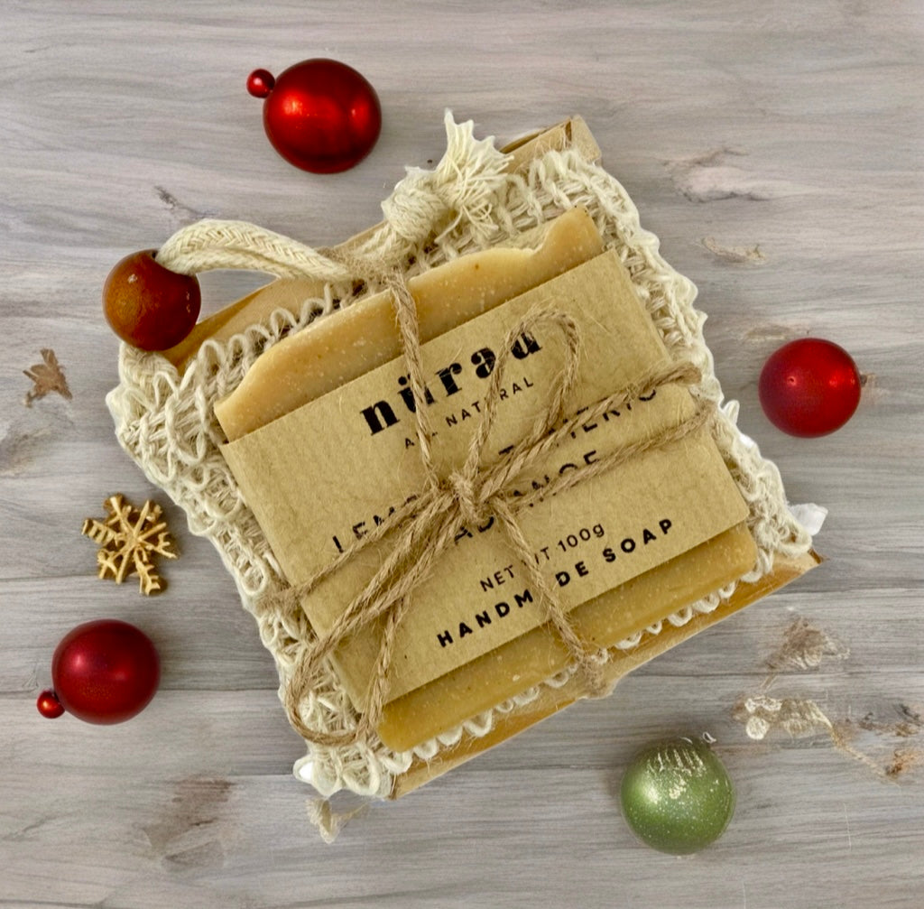 Handmade Soap Gift Set: Natural Cold Process Soap, Saver Bag & Bamboo Dish