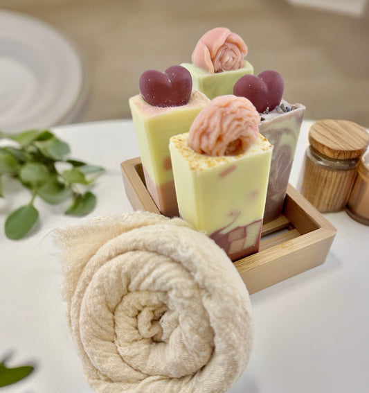 Valentines Mini Soap Gift Set includes 4 All Natural Soap, Bamboo Soap Dish & Cheesecloth washcloth